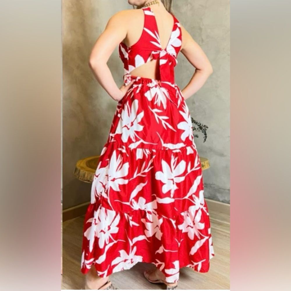 The MIA Maxi Dress tie back halter Neck Tropical print Red/white Sz Small - Picture 2 of 8